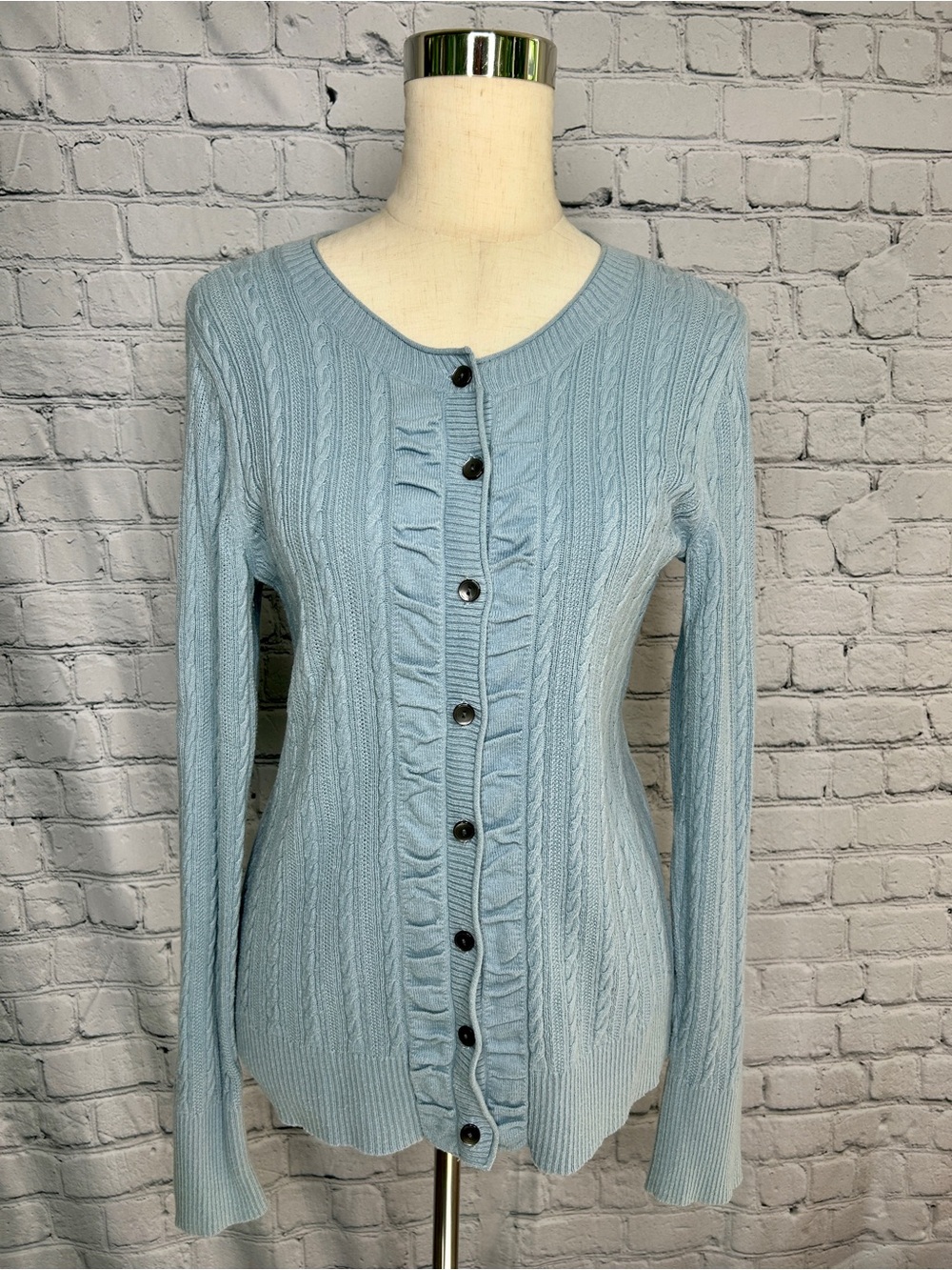 Eddie Bauer Light Blue Cable Knit Button-Front Cardigan
